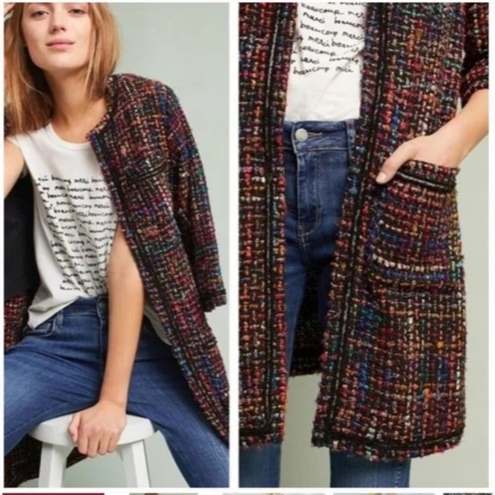 ETT TWA Anthropologie Tweed Multicolor Short Sleeve Coat Mid Lenght
